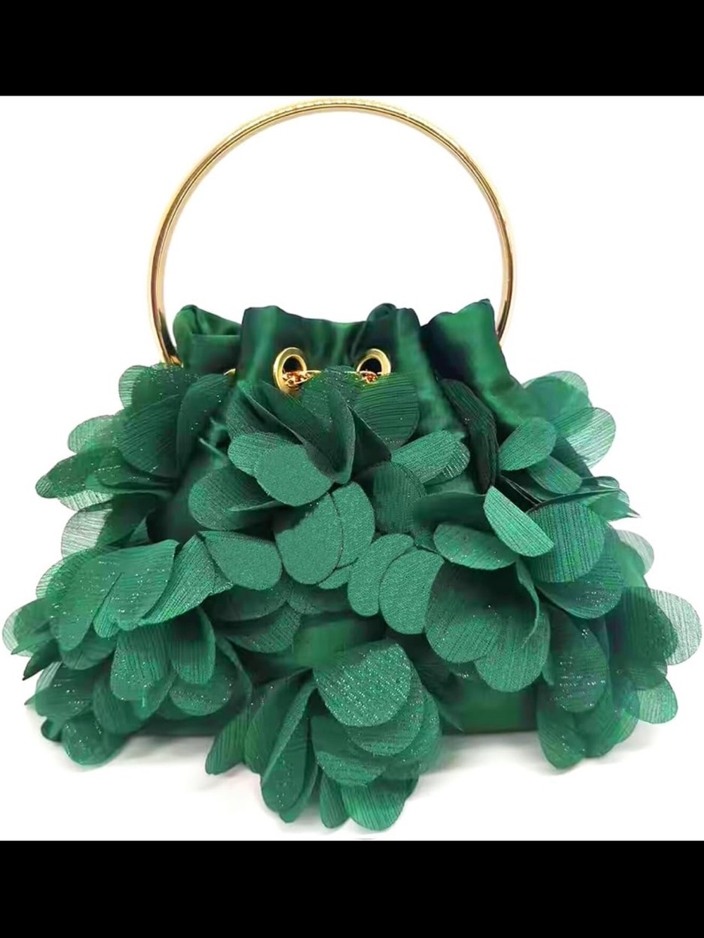 Green Floral Petal Drawstring clutch Bag with Gold Chain